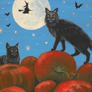 Op de afbeelding: Twee zwarte katten zitten op een stapel rode pompoenen onder een volle maan. Een heks vliegt op een bezem voor de maan. De lucht is blauw met witte sterren.