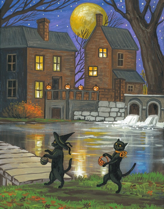11x14 Halloweenville RYTA Halloween Black Cat Cats Haunted House