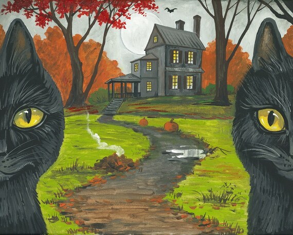8x10 Invitation RYTA Halloween Black Cat Haunted House Autumn Fall - Main Image