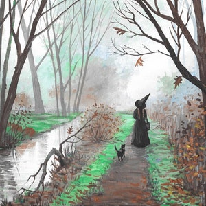 8x10 Haunted Brook RYTA Halloween forest witch black cat river stream landscape Autumn Fall design decor decoration interior home house art