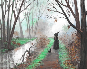 May include: A painting of a woman in a black dress and pointed hat walking through a foggy forest with a black cat. The woman is carrying a basket and the cat is walking behind her. The forest is filled with trees and a stream of water.