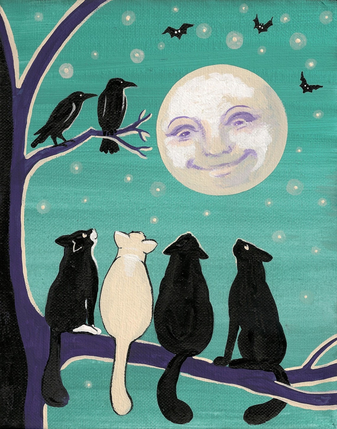 11x14 Gathering in the Halloween Moonlight RYTA Black Cat Full Moon ...