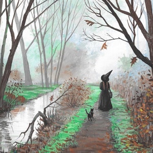 11x14 Haunted Brook RYTA Halloween Forest Witch Black Cat River