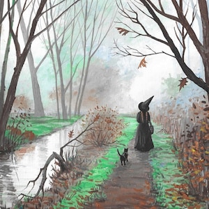 11x14 Haunted Brook RYTA Halloween forest witch black cat river stream landscape Autumn Fall design decor decoration interior home house art