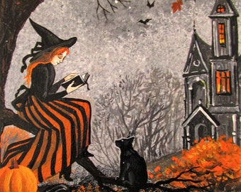 May include: A whimsical Halloween-themed painting depicts a witch reading under a tree, with a full moon and bats in the sky. Black cats and pumpkins are scattered on the ground near a spooky house. The witch wears a black hat and orange and black striped dress.