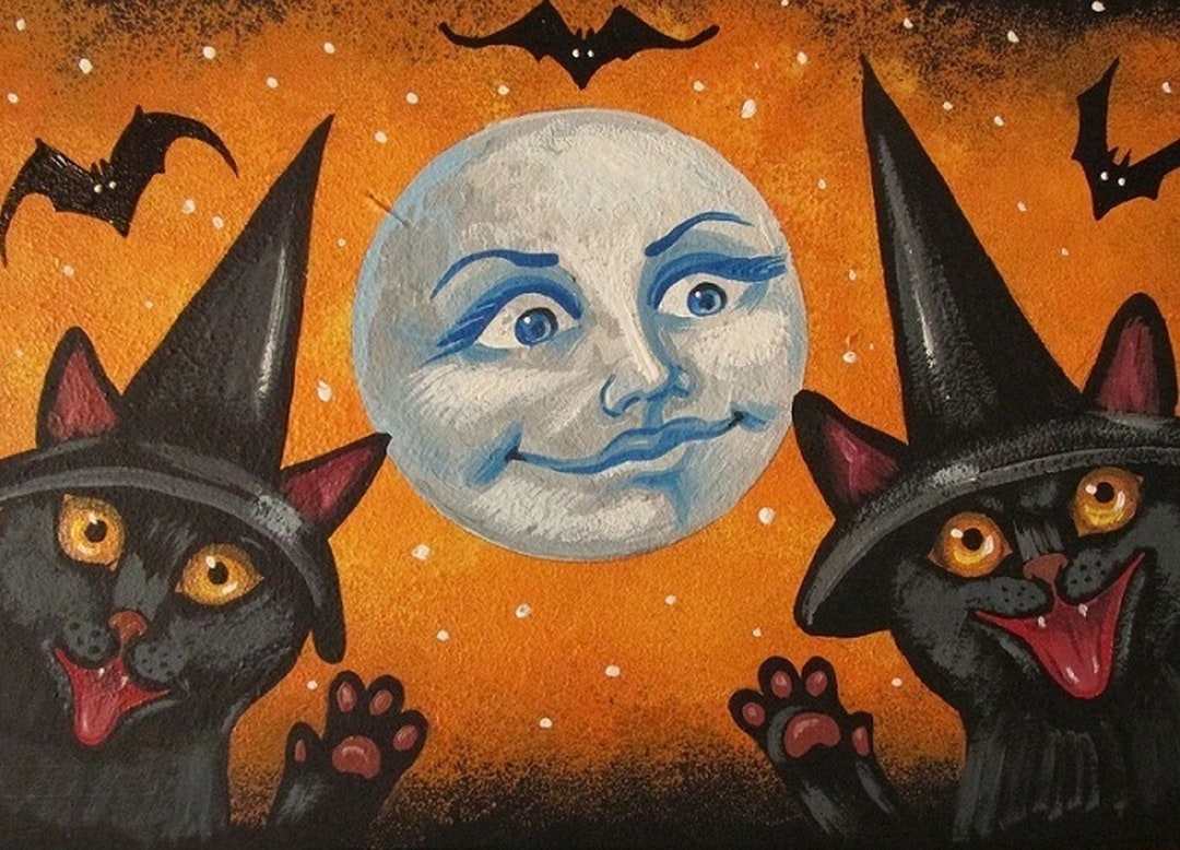 ACEO Halloween Hiss RYTA Black Cat Full Moon Hissing Witch Hat Autumn ...