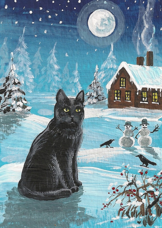 ACEO PRINT OF PAINTING RYTA CHRISTMAS BLACK CAT WINTER COUNTRY FARM COTTAGE ART 