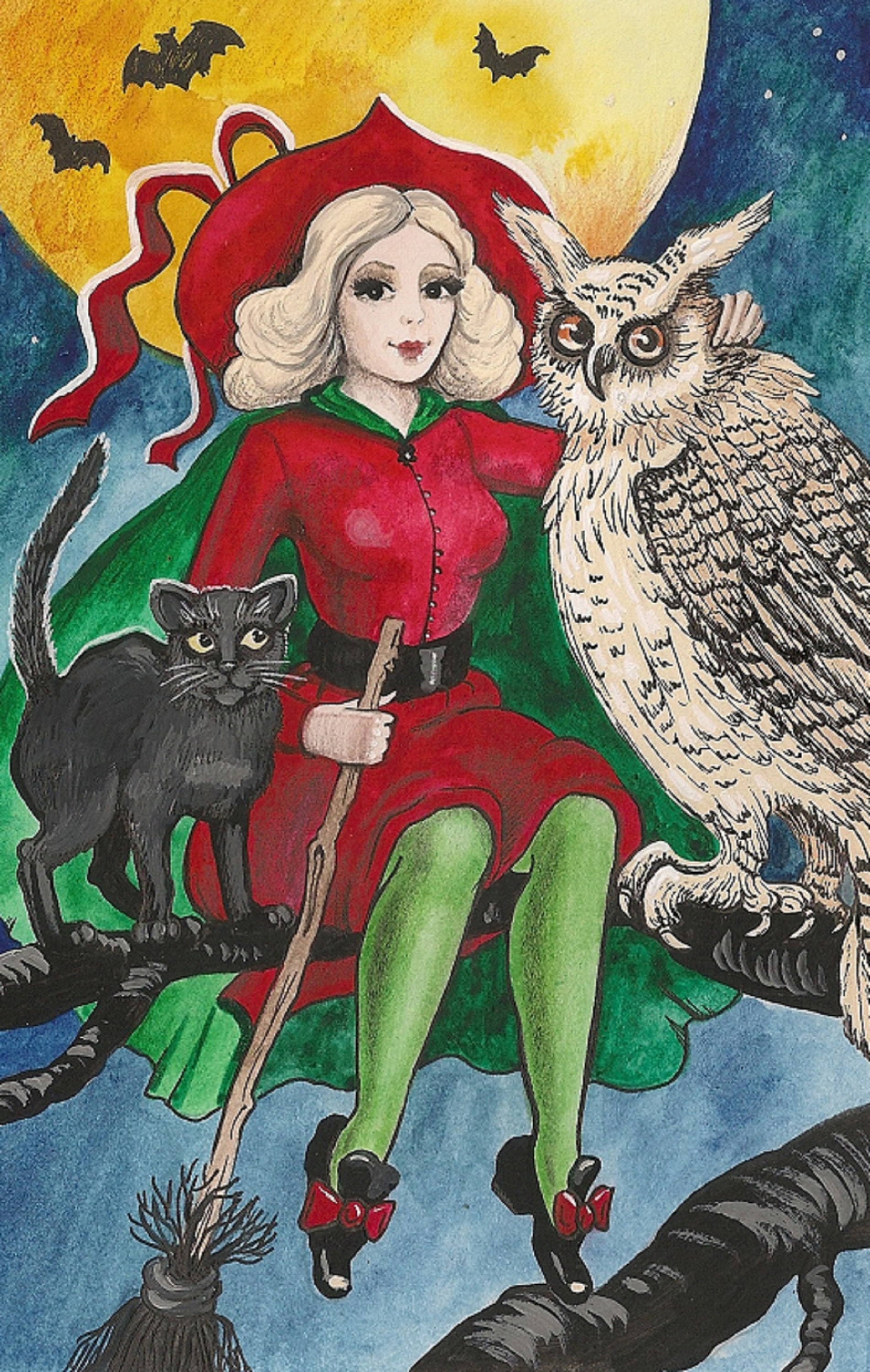 ACEO PRINT OF PAINTING RYTA CROW MAGIC WICCA WITCH BLACK CAT HALLOWEEN GOTHIC 