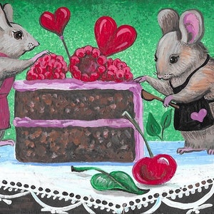 May include: Two mice wearing aprons decorate a chocolate cake with pink frosting and raspberries. The cake is on a white lace tablecloth with a red cherry and a green leaf.