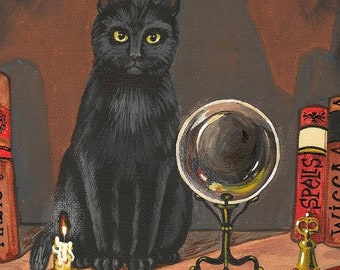 May include: A black cat sits in front of a crystal ball on a table with a lit candle, a book, and a key. The books are titled "Wicca" and "Spells".