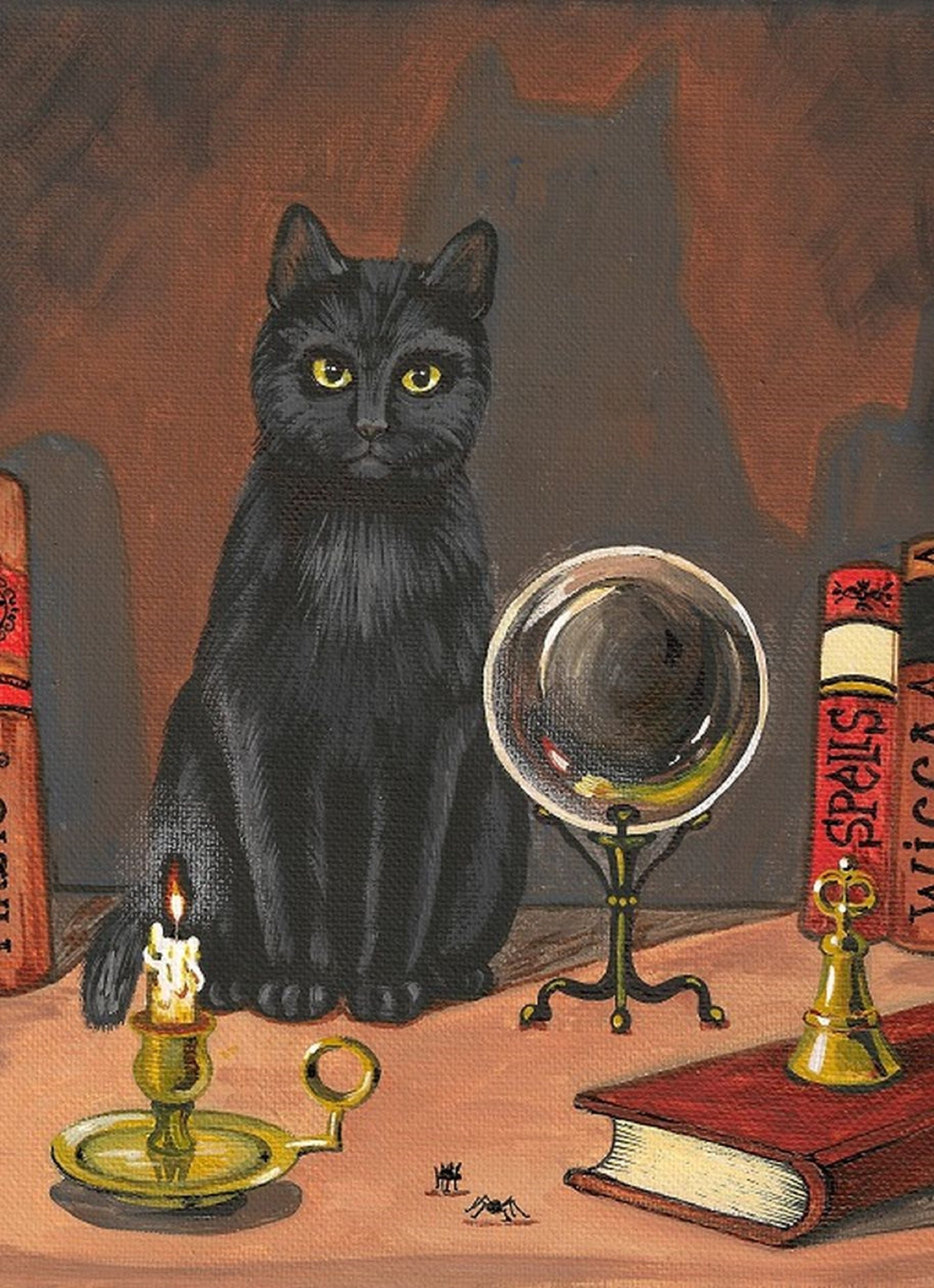 5x7 Black CAT MAGIC Print of Original Painting Ryta Halloween