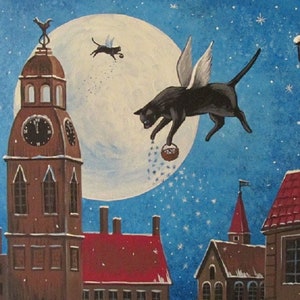 5x7 Magic Night In Riga RYTA Latvia Black Cat Christmas Eve Holiday Winter seasonal home office interior decpr decoration design wall art