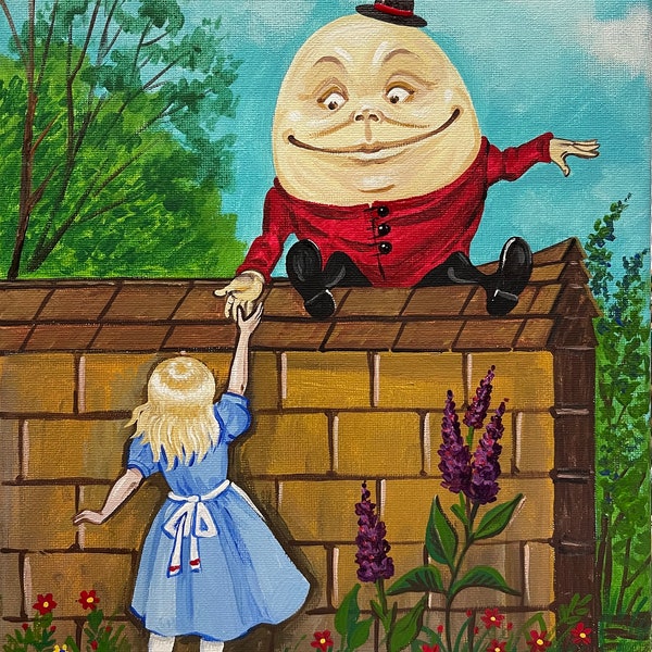 8x10 Alice in Wonderland Ryta Folk Art Illustration Humpty Dumpty Flowers Garden Children room decor England UK tree vintage style story
