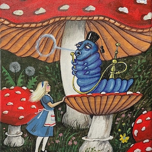 5x7 RYTA Alice nel paese delle meraviglie Regina paesaggio fiaba arte popolare Scacchi stampa di pittura illustrazione decoro Chi sei bruco fungo