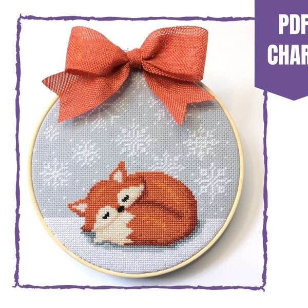 Sleepy fox cross stitch chart/fox and snowflakes cross stitch pattern/instant pdf download/winter fox cross stitch