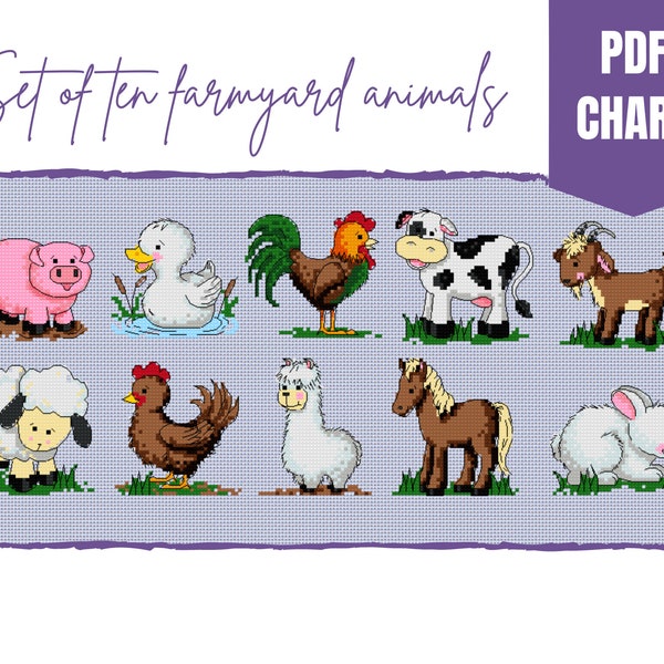 Cute farmyard animals cross stitch chart/cute animals cross stitch pattern/instant pdf download/set of animals cross stitch pattern