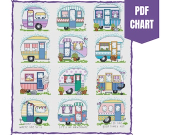 Retro caravans cross stitch chart/cute caravans cross stitch pattern/instant pdf download/caravan cross stitch cards