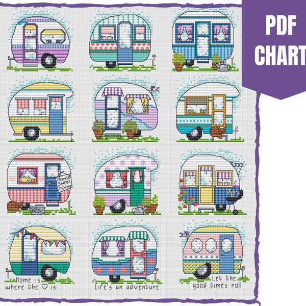 Retro caravans cross stitch chart/cute caravans cross stitch pattern/instant pdf download/caravan cross stitch cards