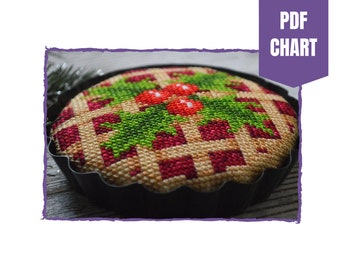 Christmas pie cross stitch chart - cross stitch pattern - pie and holly cross stitch - instant pdf download - pie tin cross stitching