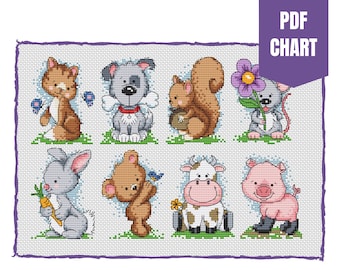 Cute animals cross stitch chart/cute animals cross stitch pattern/instant pdf download/cross stitch cards/cross stitch bunting/