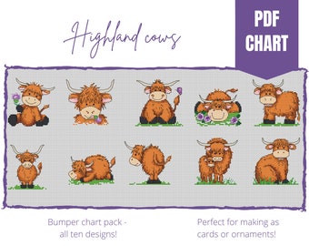 Highland cows cross stitch chart/instant pdf download/counted cross stitch chart/ten cute highland cows/cross stitch pattern