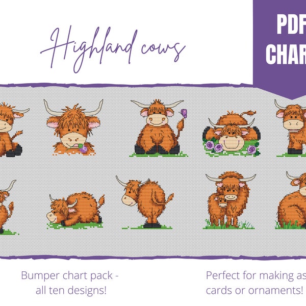 Highland cows cross stitch chart/instant pdf download/counted cross stitch chart/ten cute highland cows/cross stitch pattern