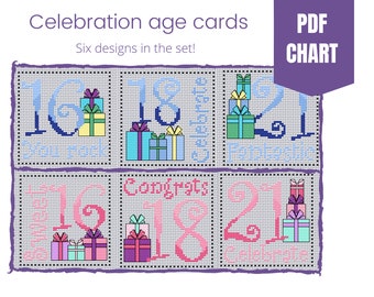 Celebration age cards/cross stitch chart/instant pdf download/age 16 card/age 18 card/age 21 card