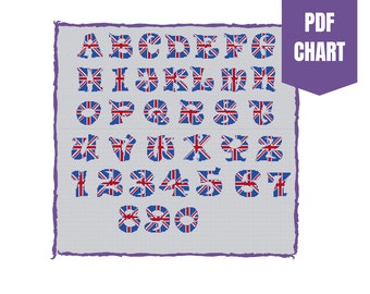 Union Jack alphabet cross stitch chart/British flag alphabet cross stitch pattern/UK flag/Instant pdf download/cross stitch alphabet