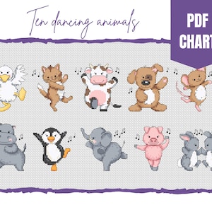 Ten adorable dancing animals cross stitch chart/instant pdf download