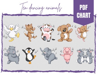 Ten adorable dancing animals cross stitch chart/instant pdf download
