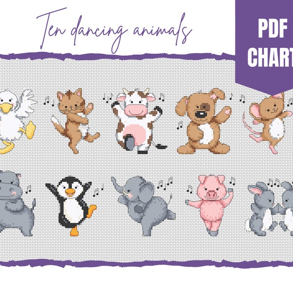 Ten adorable dancing animals cross stitch chart/instant pdf download