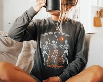 Comfort Colors® camisa de manga larga, camisa feminista de manga larga, camisa de Halloween de manga larga, camisa de esqueleto de manga larga, ropa de otoño