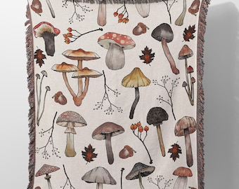 Mushroom Woven Blanket, Mushrooms Woven Tapestry, Fall Throw Blanket, Cottagecore Blanket, Forestcore Decor, Nature Tapestry, Woodland Throw