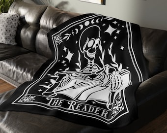 The Reader Tarot Blanket, Bookish Halloween Blanket, Reading Skeleton Throw, Reading Nook Gifts, Librarian Gits, Witchy Blankets, Read Throw