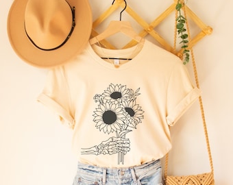 Sunflower Shirt, Sunflower Skeleton Shirt, Cottagecore Halloween Shirt, Fall Apparel, Fall Flowers Shirt, Autumn Clothing, Sunflowers TShirt