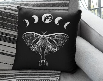 Luna Moth Pillow, Moon Phase Pillow, Witchy Bedroom Decor, Luna Moth Gifts, Selenophile, Witch Aesthetic Decor, Bohemian Gothic Decor