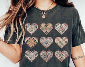 Patchwork Hearts Shirt, FAUX Patchwork Heart Shirt, Grandmillenial Valentine Shirt, Comfort Colors Valentines Shirt, Grandma Aesthetic Shirt