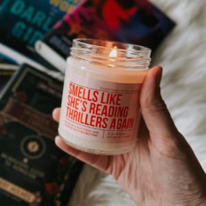 Smells Like She's Reading Thrillers Again, Thriller Reader Candle, Reading Candle, Bookish Gifts, Thriller Books Gift, True Crime Book Merch image 1