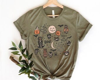 Halloween Doodle Shirt, Retro Halloween Shirt, Witchy Shirt, Fall Clothes, Witch Aesthetic Clothing, Halloween Vintage Shirt, Autumn Apparel