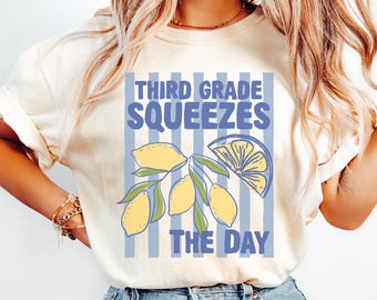 Third Grade Squeezes The Day Shirt, Third Grade Lemon Shirt, 3rd Grade Teacher Stripes Tee, Third Grader Shirts, Preppy Third Grade Crew