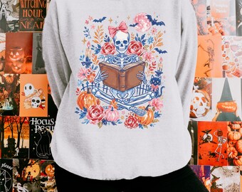 Reading Skeleton Shirt, Girly Halloween Shirt, Bookish Halloween Shirt, Pink Fall Aesthetic Shirt, Preppy Halloween Shirt, Floral Read Tee