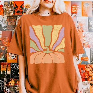 May include: A burnt orange short-sleeve t-shirt featuring a graphic print on the chest. The design displays a stylized pumpkin base in light orange with radiating, wavy vertical stripes in shades of sage green, yellow, and lavender.