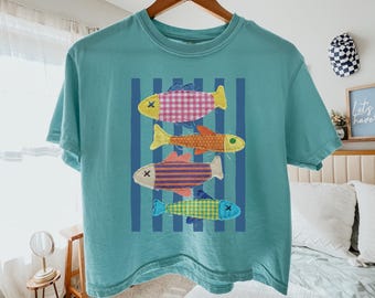 Patchwork Fish Crop Top, Faux Patchwork Fishing Crop Top, Coastal Boxy Top, Cute Fisherman Boxy Crop, Stripped Sardine Tee, Lined Fisher Tee