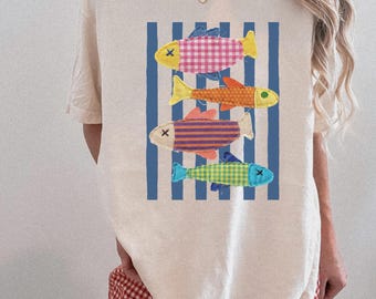 Patchwork Stripes Fish Shirt, Sardines Shirt, Fisherman Aesthetic Shirt, Faux Patchwork Fishing Shirt, Lined Fisher Shirt, Preppy Summer Tee
