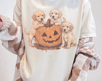 Golden Retriever Pumpkin Shirt, Puppy Halloween Shirt, Fall Dogs Shirt, Retro Puppy Shirts, Spooky Golden Retriever Shirt, Goldie Autumn Tee