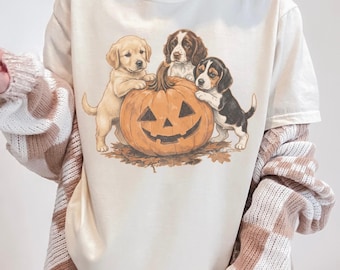 Puppies Pumpkin Shirt, Puppy Halloween Shirt, Fall Dogs Shirt, Retro Puppy Shirts, Spooky Golden Retriever Shirt, Cocker Spaniel Autumn Tee