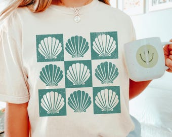 Checkered Seashells Shirt, Comfort Colors® Shirt, Seashell Shirt, Shell Shirt, Coconut Girl Clothes, Beachy Shirts, Ocean Life Shirt, Summer