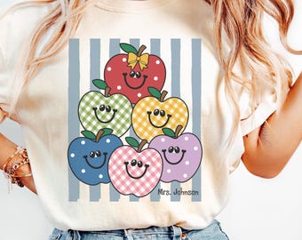 Personalized Retro Apples Shirt, 90s Teacher Shirt, Spirit Week Shirts, Teacher Apple Shirts, Gingham Apple Teaching Shirt, Custom Teach Tee