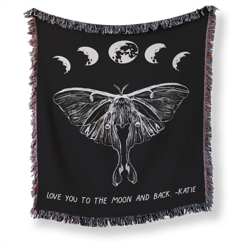 Personalized Luna Moth Blanket, Witchy Woven Blanket, Moon Phase Woven