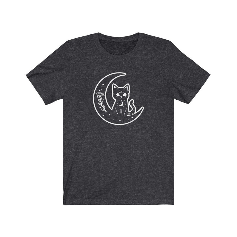 Witch Cat Shirt, Celestial Shirt, Cat And Moon Shirt, Cute Goth Shirt, Crescent Moon Top, Witchy Aesthetic Clothes, Mystical Shirt, Cat Gift Dark Grey Heather